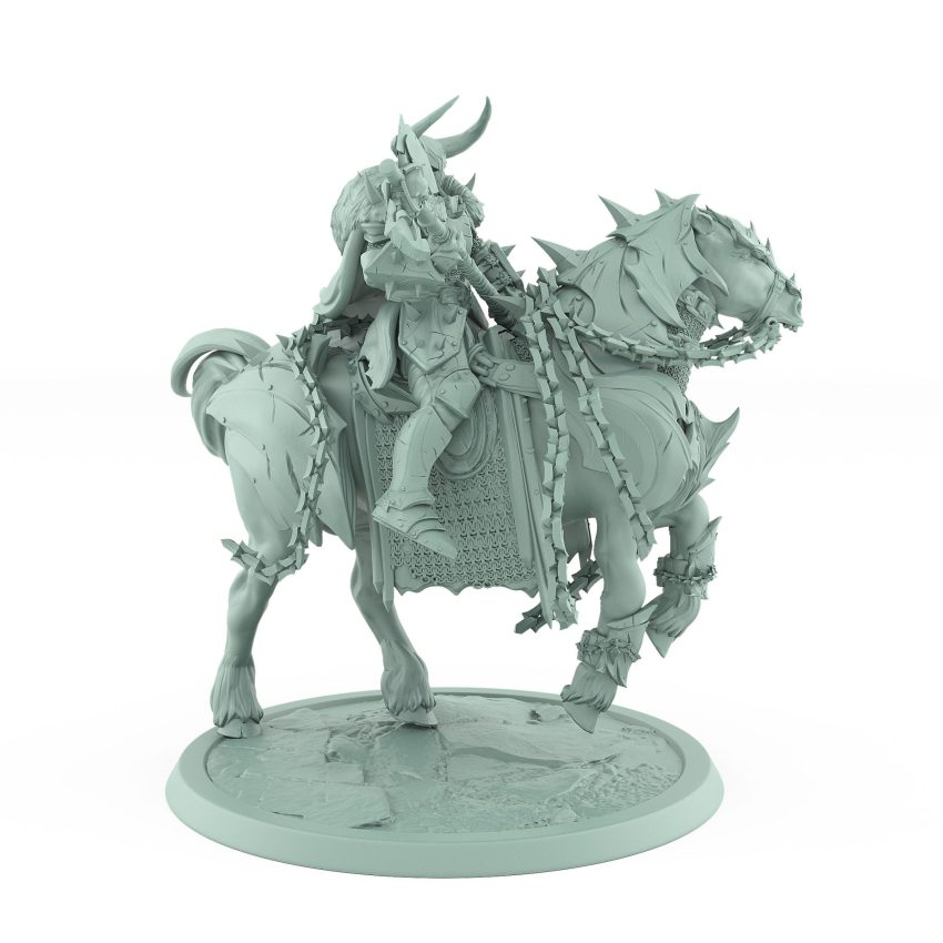 epic fantasy cavalry mount with horned rider charging on armored horse from unchained collection
