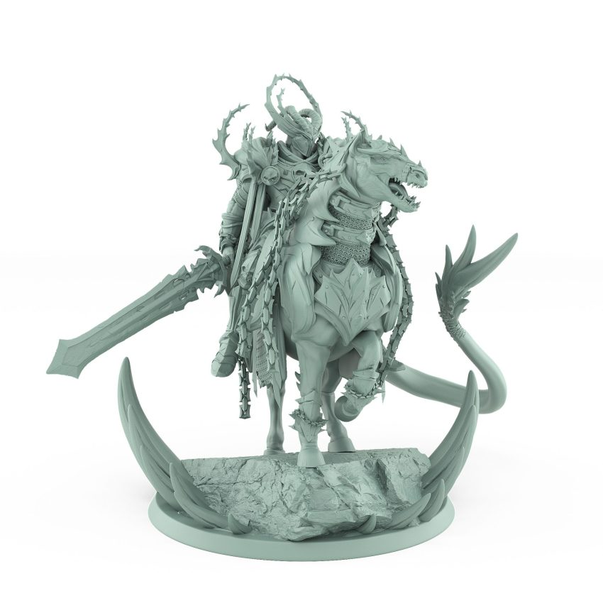 epic fantasy cavalry mount with horned rider charging on armored horse from unchained collection