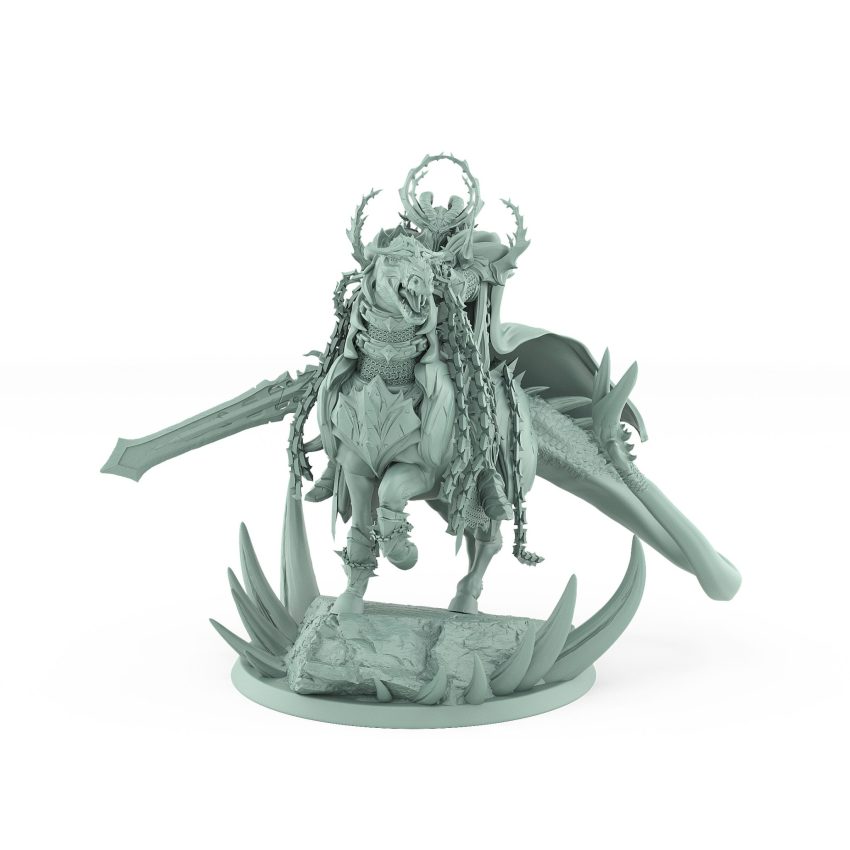 epic fantasy cavalry mount with horned rider charging on armored horse from unchained collection