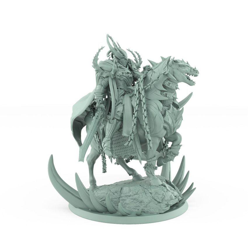 epic fantasy cavalry mount with horned rider charging on armored horse from unchained collection