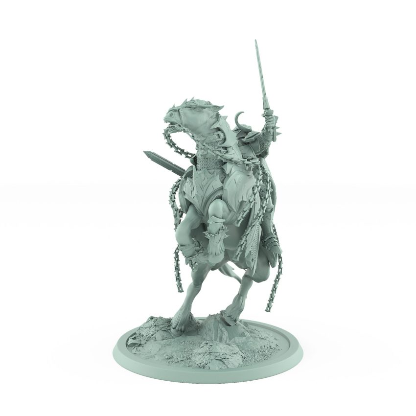 epic fantasy cavalry mount with horned rider charging on armored horse from unchained collection
