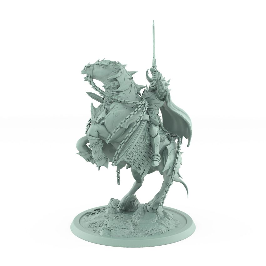 epic fantasy cavalry mount with horned rider charging on armored horse from unchained collection