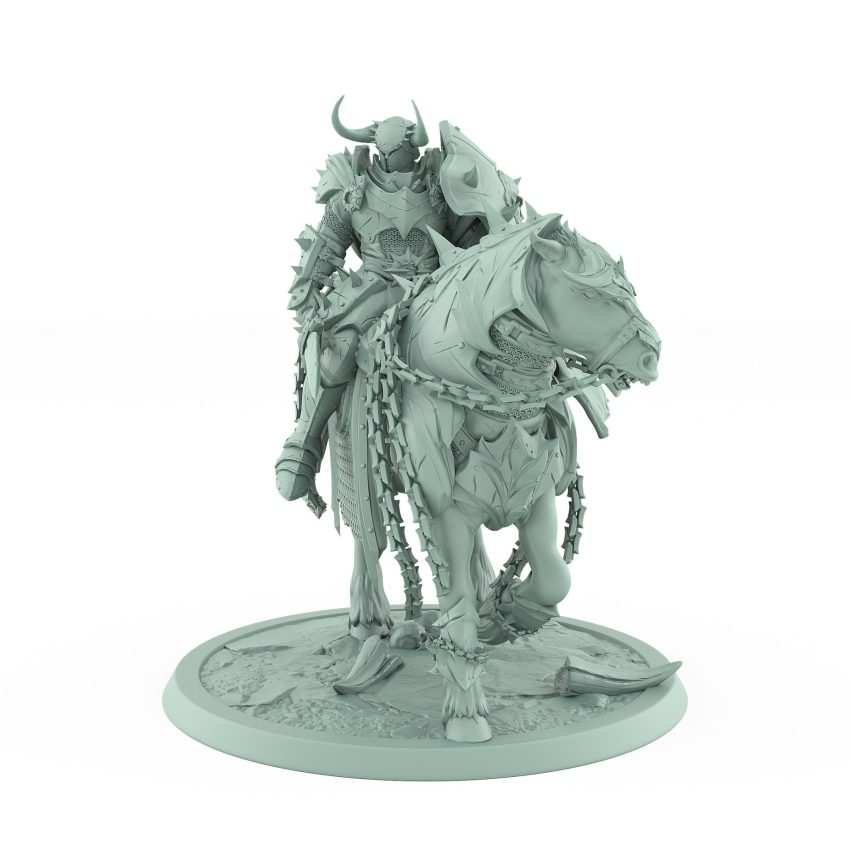 dark knight riding armored warhorse grim fantasy tabletop miniature from unchained collection