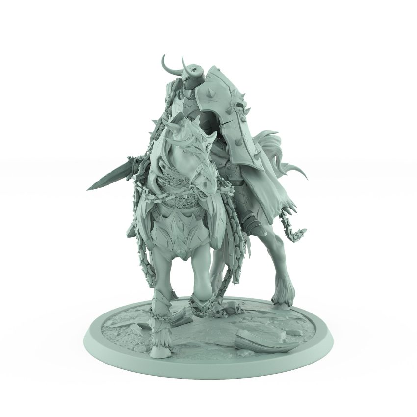 dark knight riding armored warhorse grim fantasy tabletop miniature from unchained collection