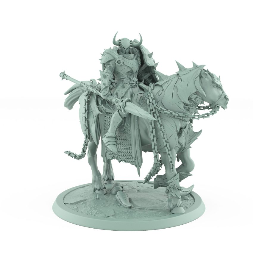 dark knight riding armored warhorse grim fantasy tabletop miniature from unchained collection
