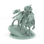 grim knight on armored warhorse atop jagged rock base wrapped in heavy chains