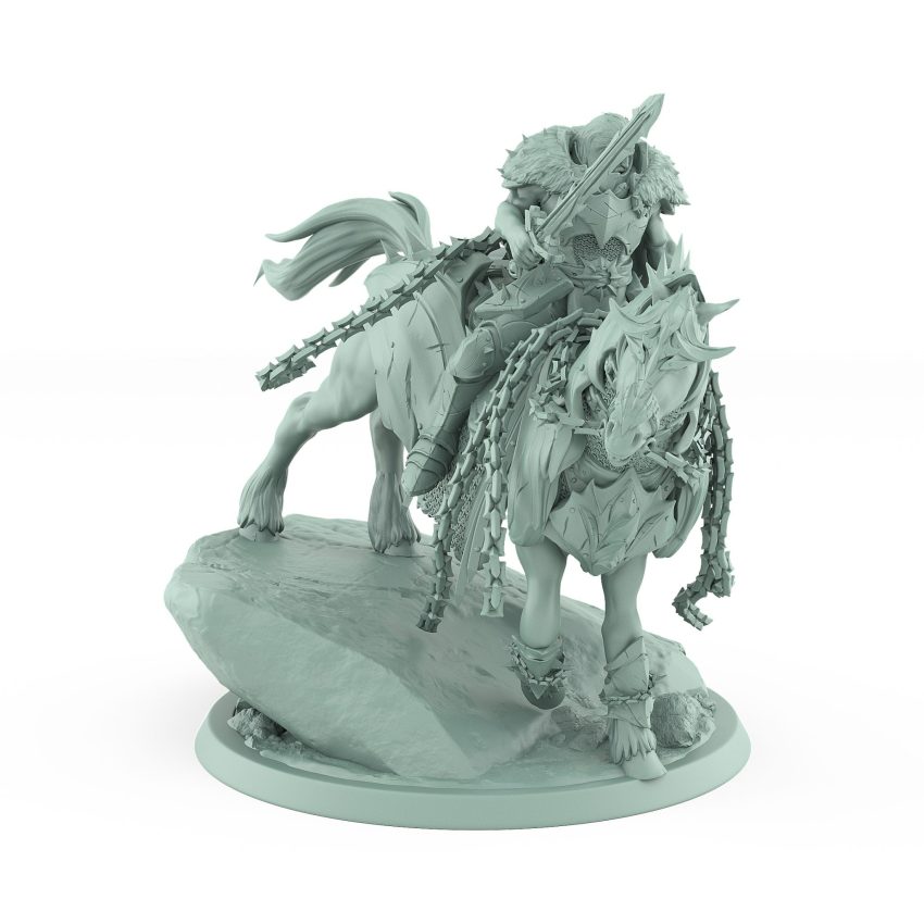 grim knight on armored warhorse atop jagged rock base wrapped in heavy chains