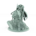 grim knight on armored warhorse atop jagged rock base wrapped in heavy chains