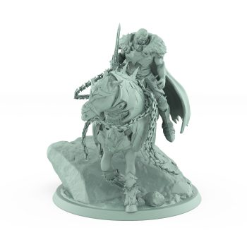 grim knight on armored warhorse atop jagged rock base wrapped in heavy chains