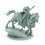 grim knight on armored warhorse atop jagged rock base wrapped in heavy chains