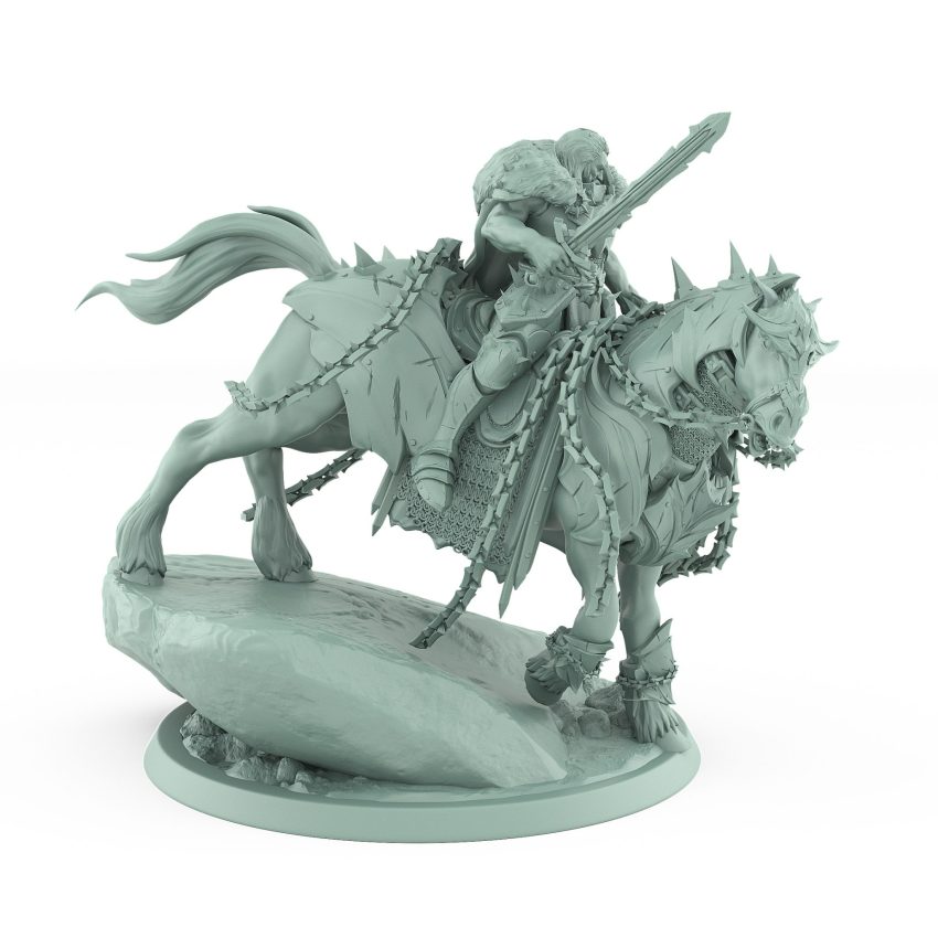 grim knight on armored warhorse atop jagged rock base wrapped in heavy chains