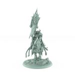 dark knight on armored galloping horse with chains and raised banner charging across rocky base