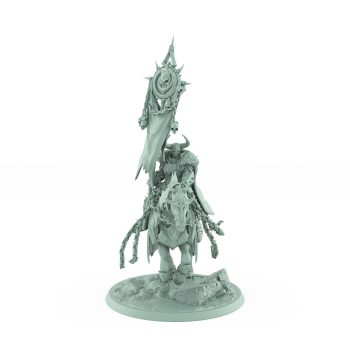 dark knight on armored galloping horse with chains and raised banner charging across rocky base