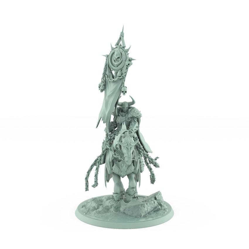 dark knight on armored galloping horse with chains and raised banner charging across rocky base