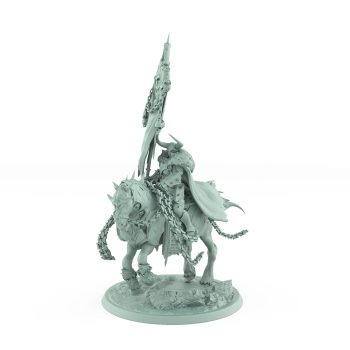 dark knight on armored galloping horse with chains and raised banner charging across rocky base