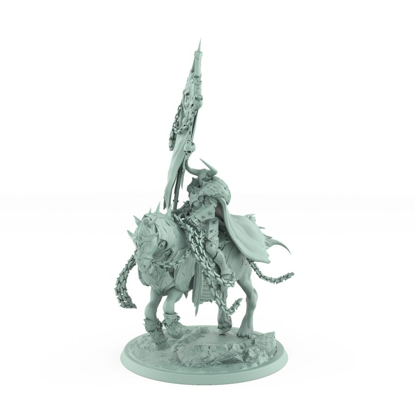 dark knight on armored galloping horse with chains and raised banner charging across rocky base