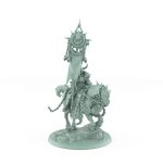 dark knight on armored galloping horse with chains and raised banner charging across rocky base