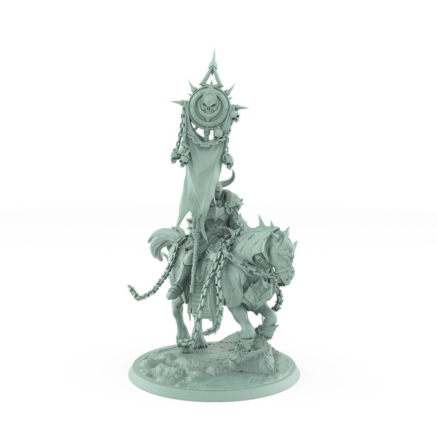 dark knight on armored galloping horse with chains and raised banner charging across rocky base