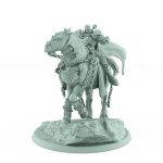 armored fantasy warlord on chained warhorse pointing forward with dramatic cloak on rocky base