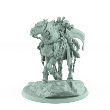 armored fantasy warlord on chained warhorse pointing forward with dramatic cloak on rocky base