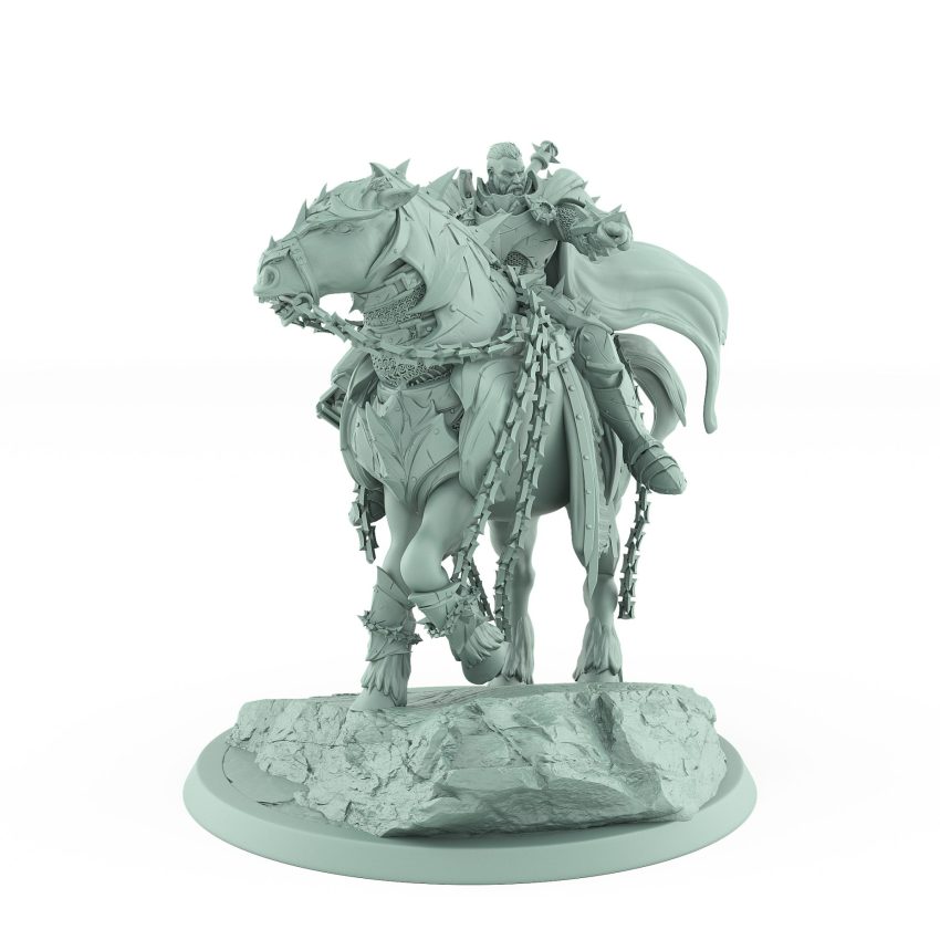 armored fantasy warlord on chained warhorse pointing forward with dramatic cloak on rocky base