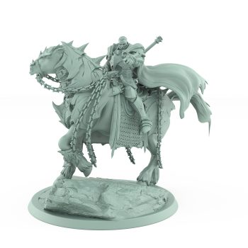 armored fantasy warlord on chained warhorse pointing forward with dramatic cloak on rocky base