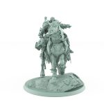 armored fantasy warlord on chained warhorse pointing forward with dramatic cloak on rocky base