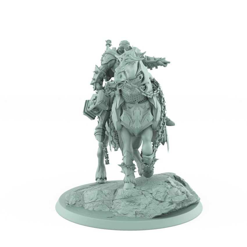 armored fantasy warlord on chained warhorse pointing forward with dramatic cloak on rocky base