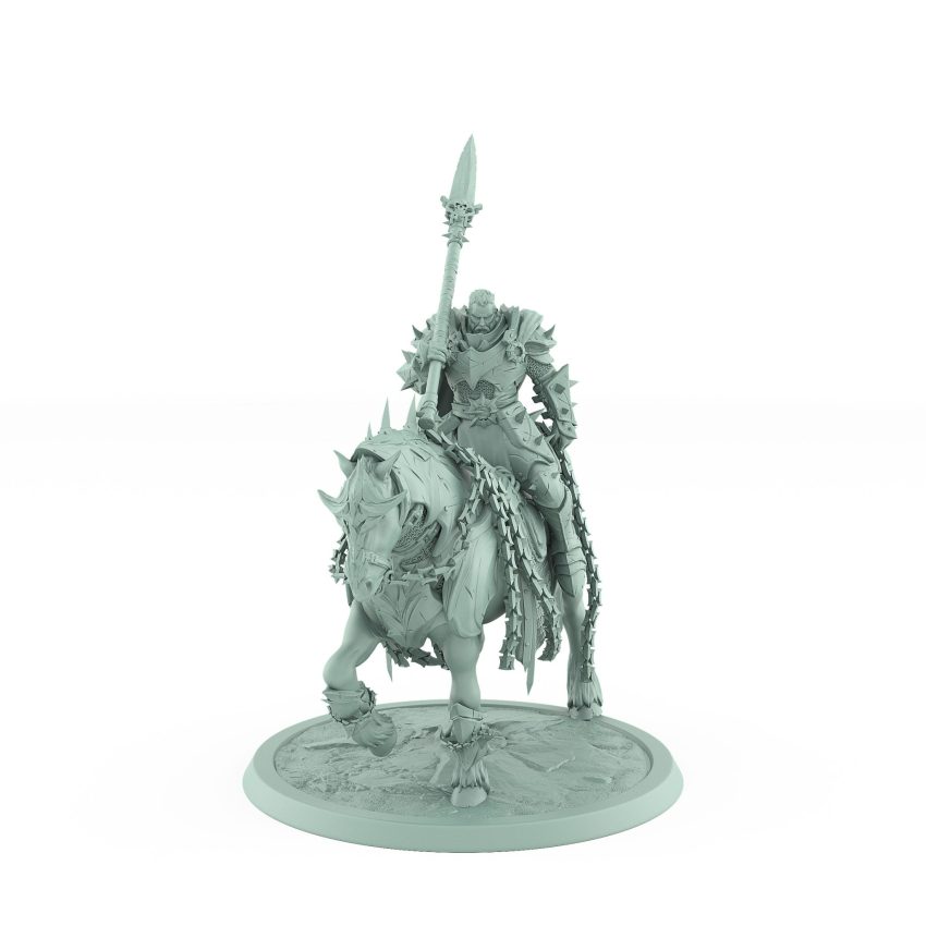 armored knight riding chained warhorse holding a spear in walking pose from unchained fantasy collection