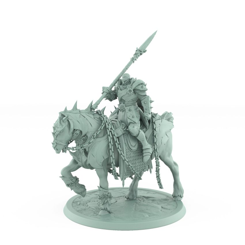 armored knight riding chained warhorse holding a spear in walking pose from unchained fantasy collection