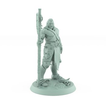 bare-chested ranger with large axe standing on rocky base from unchained fantasy miniatures