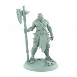 bare-chested ranger with large axe standing on rocky base from unchained fantasy miniatures