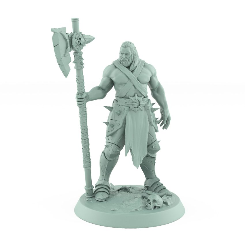 bare-chested ranger with large axe standing on rocky base from unchained fantasy miniatures