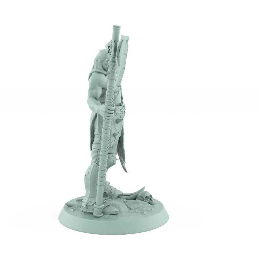 bare-chested ranger with large axe standing on rocky base from unchained fantasy miniatures