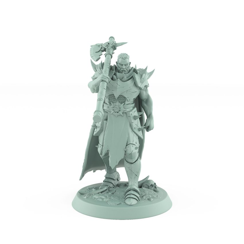 heavily armored raider warrior walking with large axe over shoulders dark fantasy miniature