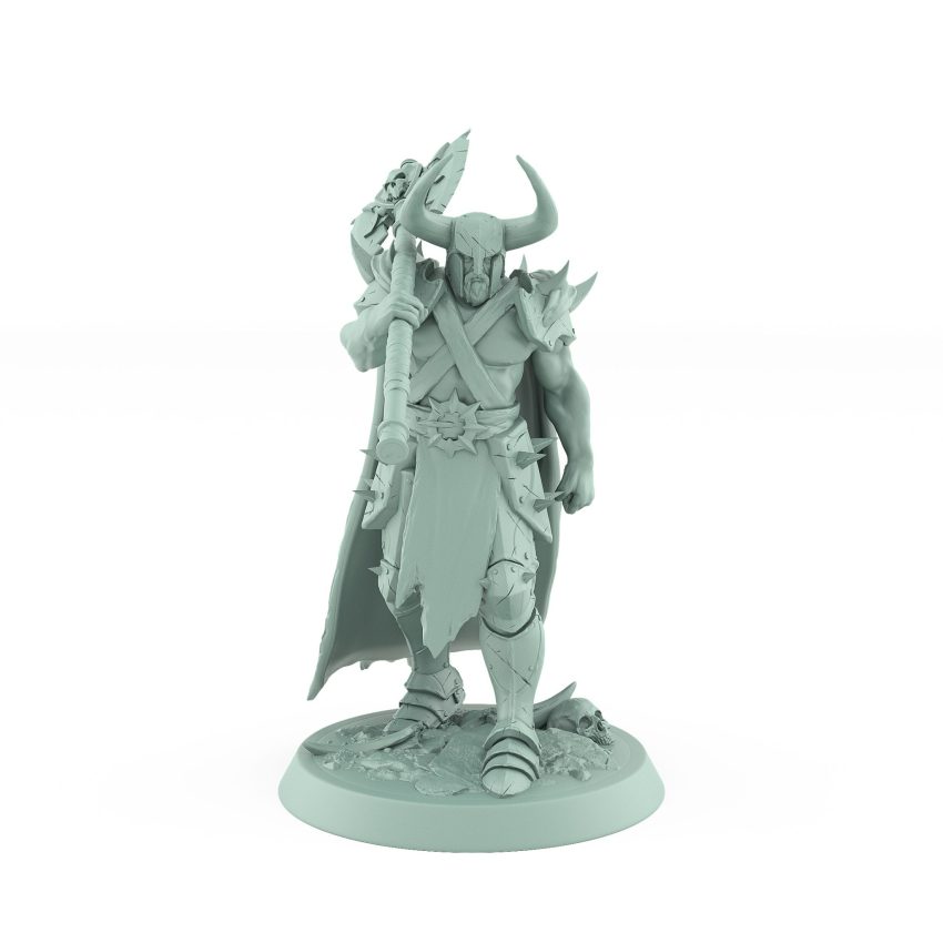 helmeted axe ranger warrior in spiked armor walking with cape dark fantasy mini
