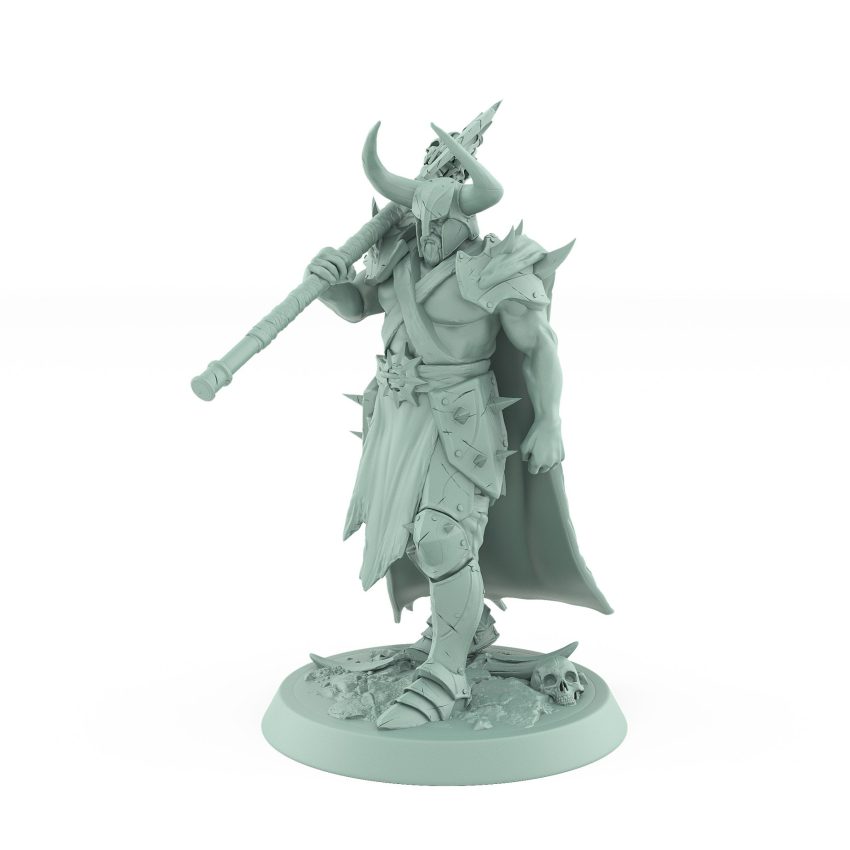 helmeted axe ranger warrior in spiked armor walking with cape dark fantasy mini
