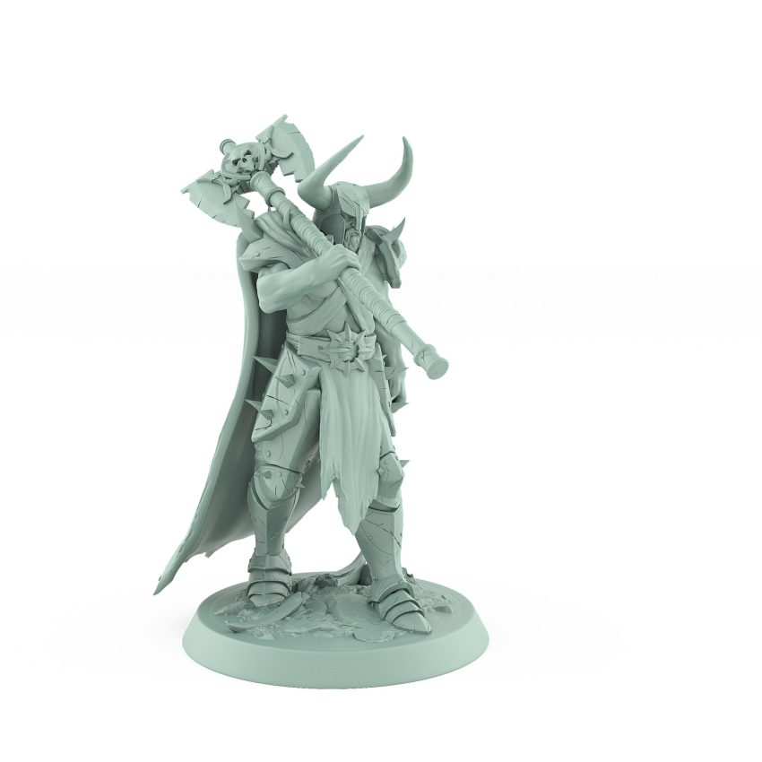 helmeted axe ranger warrior in spiked armor walking with cape dark fantasy mini