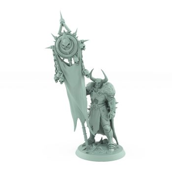 unchained army banner bearer warrior with skulls and horned helmet on rocky base
