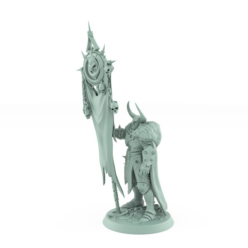 unchained army banner bearer warrior with skulls and horned helmet on rocky base
