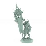 unchained warrior armored miniature holding skull-covered banner for fantasy tabletop