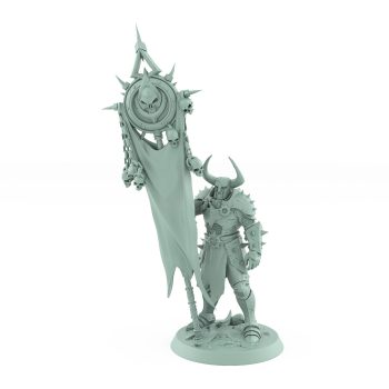 unchained warrior armored miniature holding skull-covered banner for fantasy tabletop