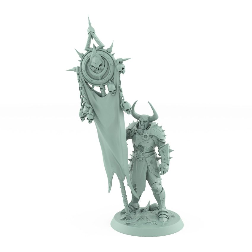 unchained warrior armored miniature holding skull-covered banner for fantasy tabletop