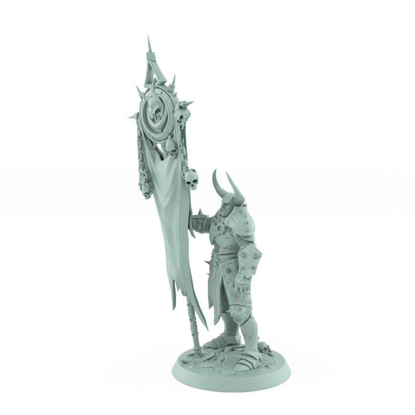 unchained warrior armored miniature holding skull-covered banner for fantasy tabletop