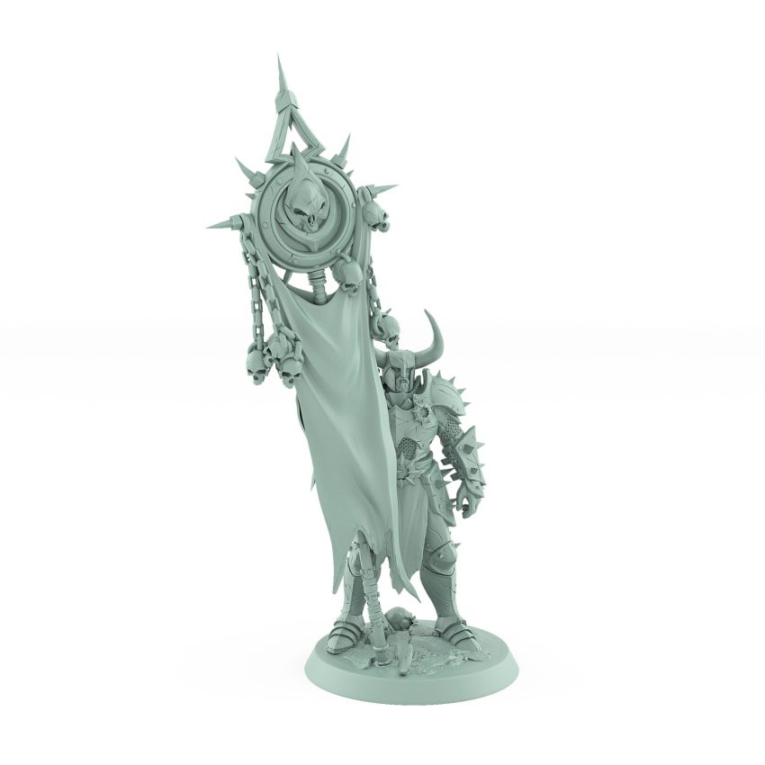 unchained warrior armored miniature holding skull-covered banner for fantasy tabletop