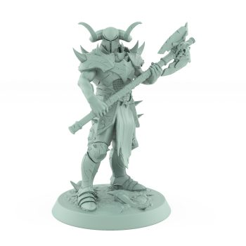 armored raider miniature holding massive double-bladed skull axe from unchained collection
