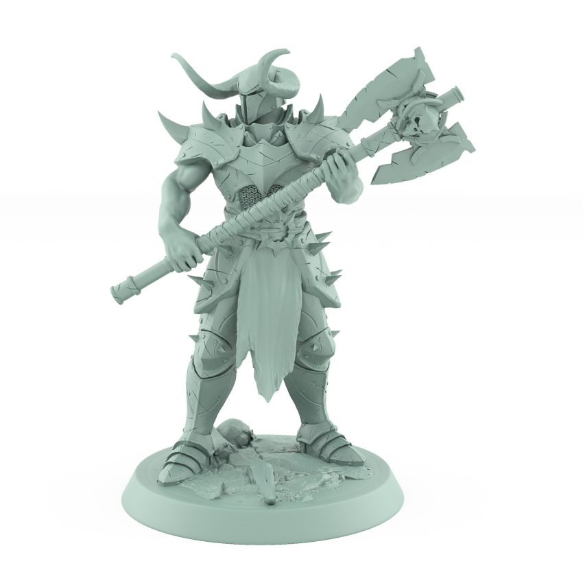 armored raider miniature holding massive double-bladed skull axe from unchained collection