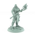 bareheaded armored warrior gripping skull axe standing on textured base