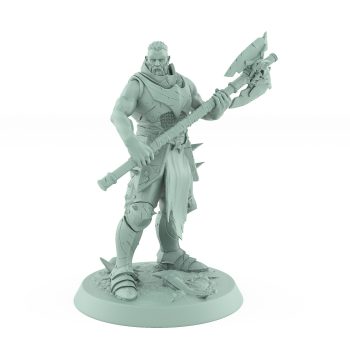 bareheaded armored warrior gripping skull axe standing on textured base