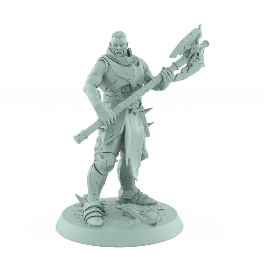 bareheaded armored warrior gripping skull axe standing on textured base